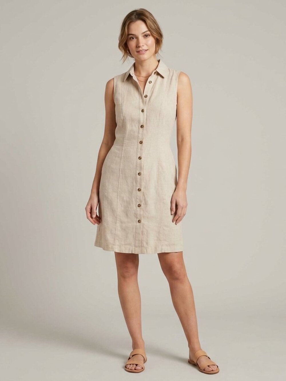 Anne Klein Linen Blend Tan Button Down Dress